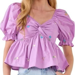 English Factory Purple Floral Embroidered Puff Sleeve Babydoll Top S